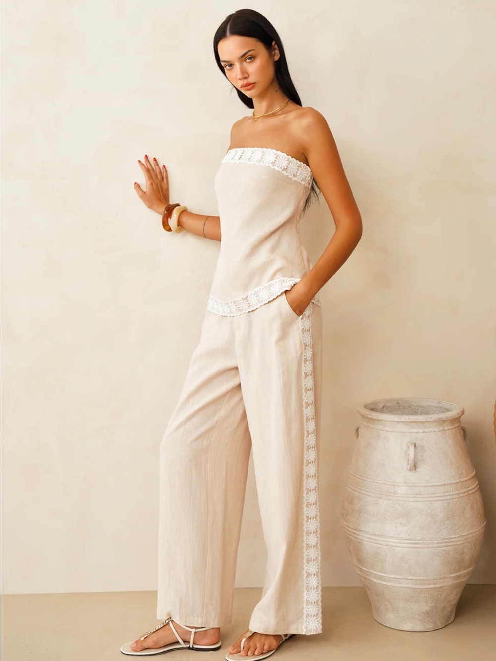 Commense Linen Blend Lace Trim Top & Pants Set Size Medium NWT